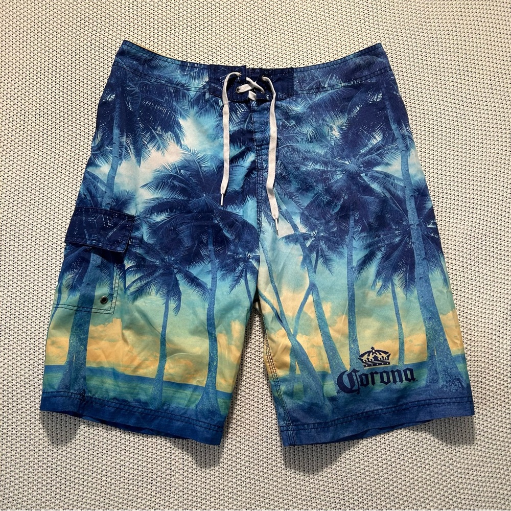 Vintage Y2K Corona Extra Blue and Yellow Board Shorts with Tropical Vibe
